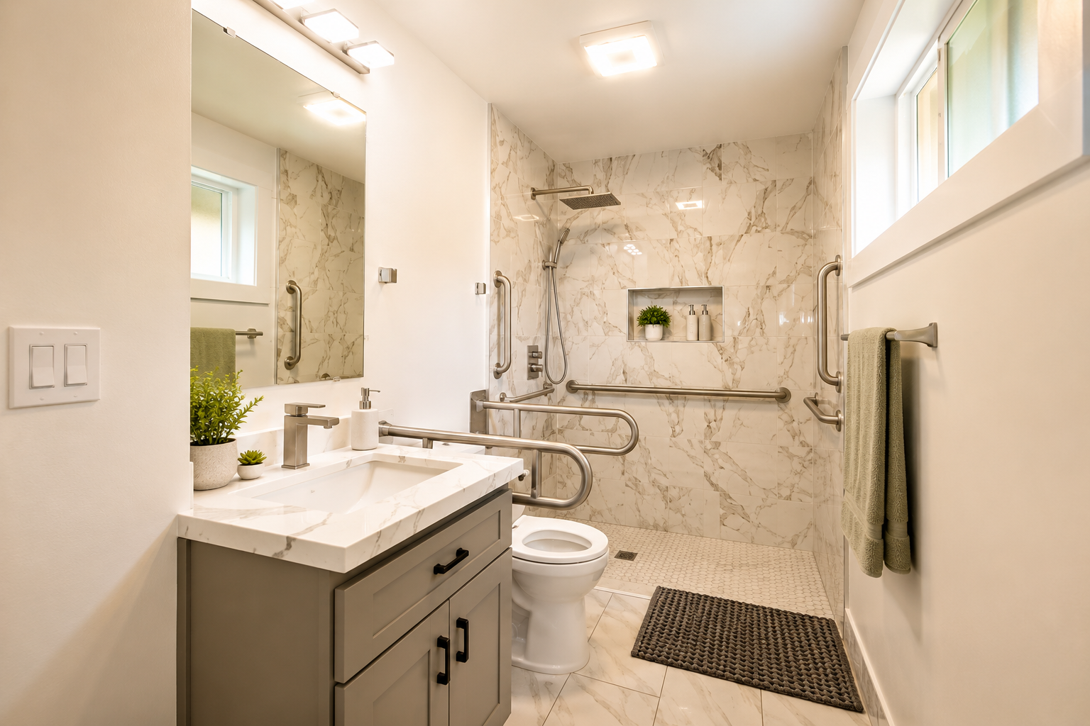 Accessible bathroom features with grab bars at Rahwa Elderly Care